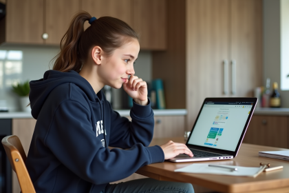 Jeune fille de 16 ans vérifiant son planner numérique à la maison