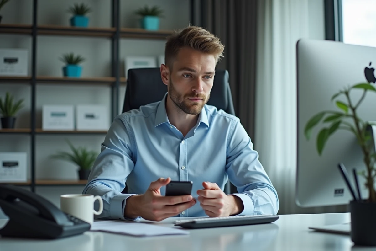 Jeune homme configurant la messagerie vocale au bureau