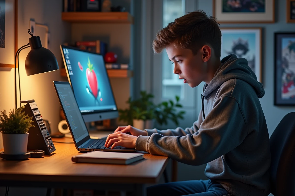 Adolescent concentré sur son code dans une chambre moderne