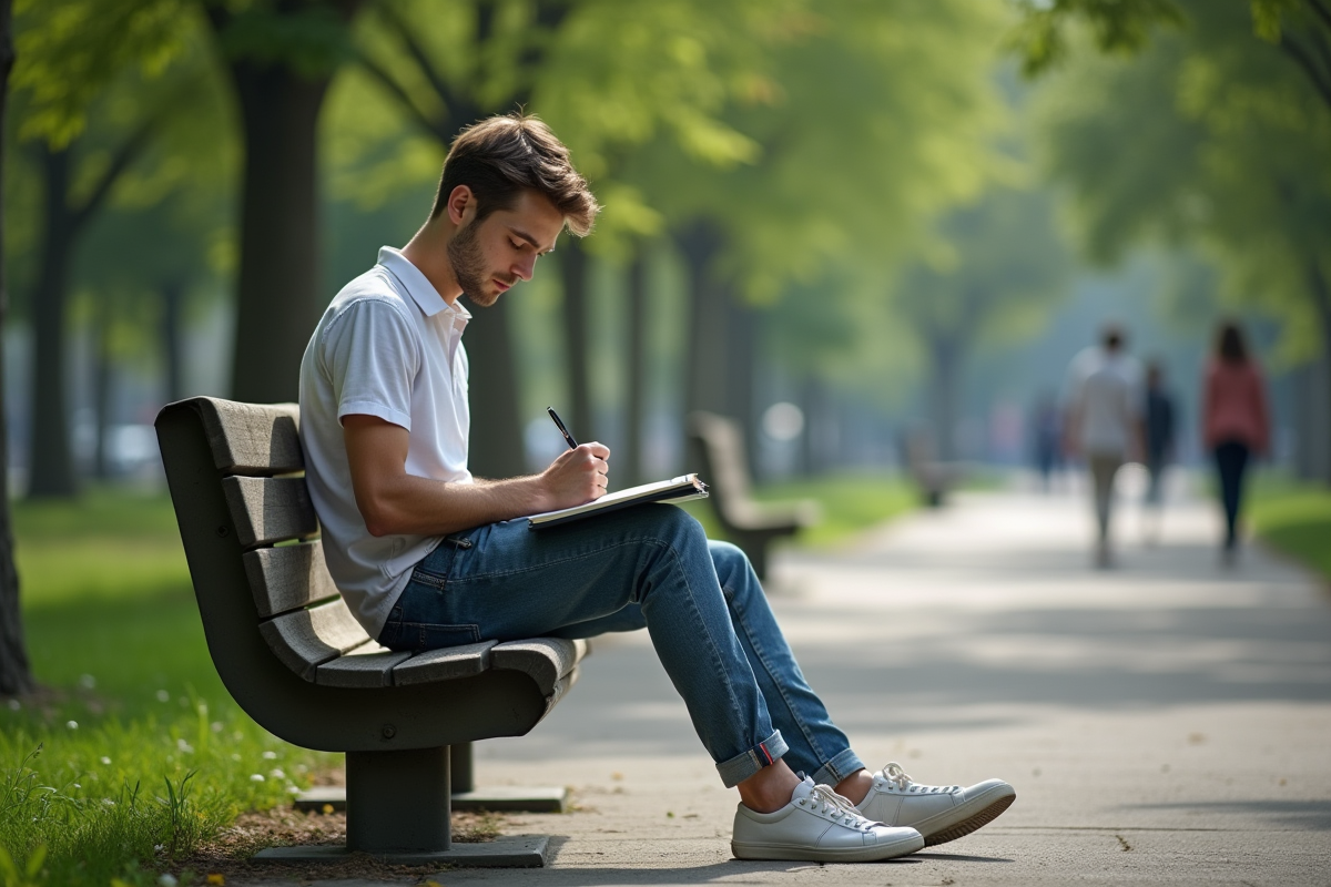 Jeune homme écrivant dans un journal en parc urbain