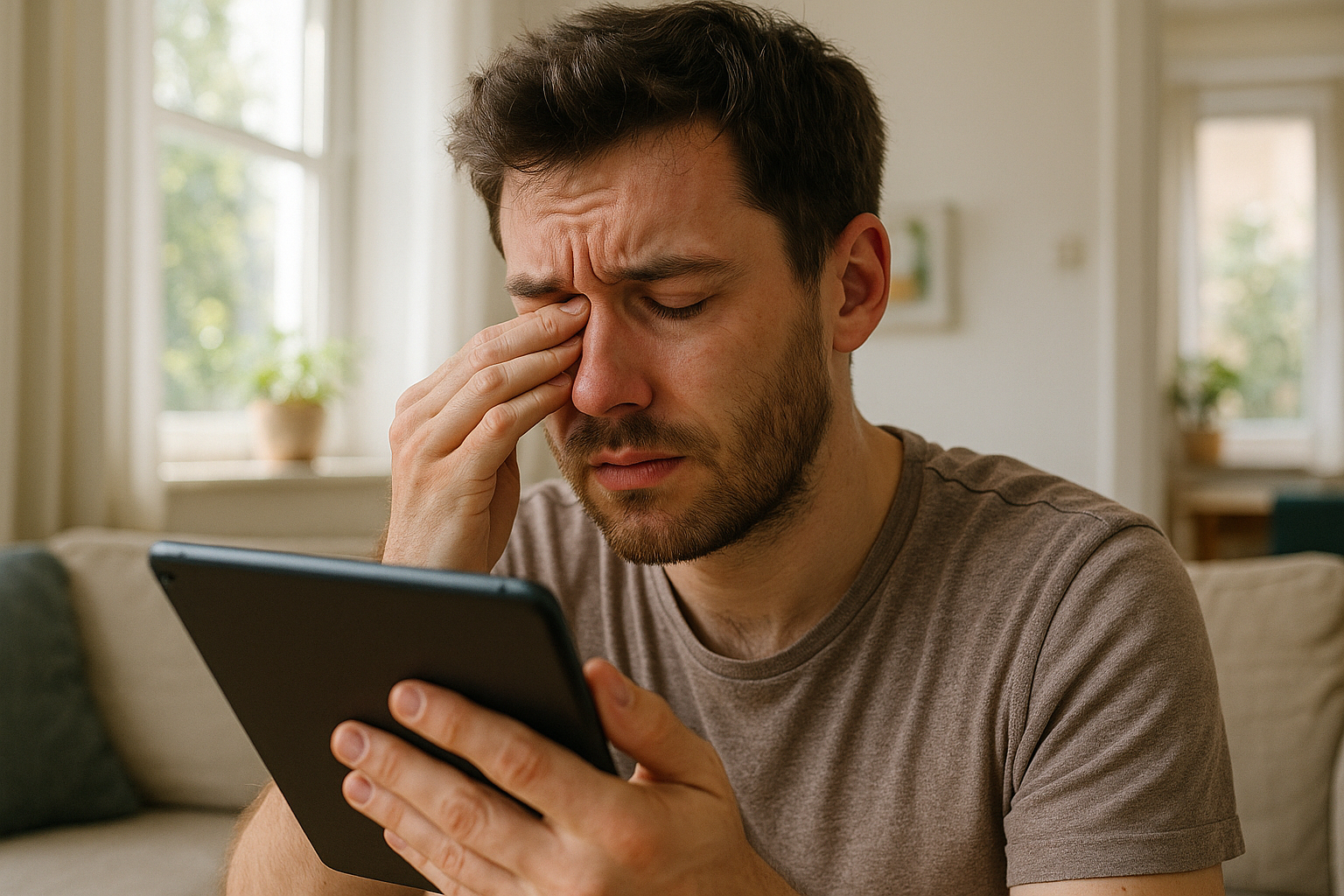 Jeune homme se frottant les yeux en lisant sur une tablette dans un salon lumineux