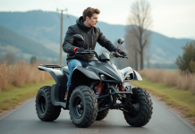 Jeune homme en moto quad sur route rurale en liberté