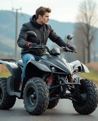 Jeune homme en moto quad sur route rurale en liberté