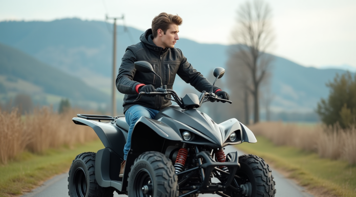 Jeune homme en moto quad sur route rurale en liberté