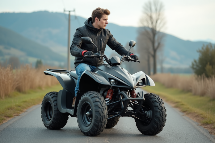 Jeune homme en moto quad sur route rurale en liberté