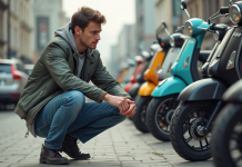 Jeune homme inspectant une moto vintage 50cc Dax en extérieur