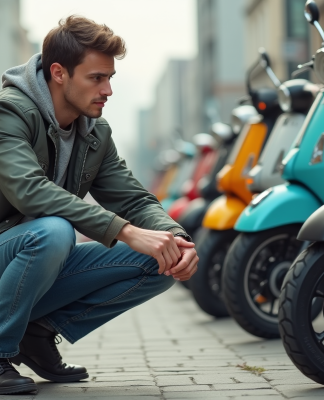 Jeune homme inspectant une moto vintage 50cc Dax en extérieur