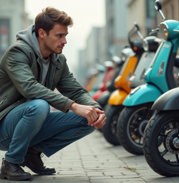 Prix Dax 50cc : astuces pour dénicher le meilleur rapport qualité-prix Jeune homme inspectant une moto vintage 50cc Dax en extérieur