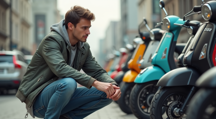 Jeune homme inspectant une moto vintage 50cc Dax en extérieur