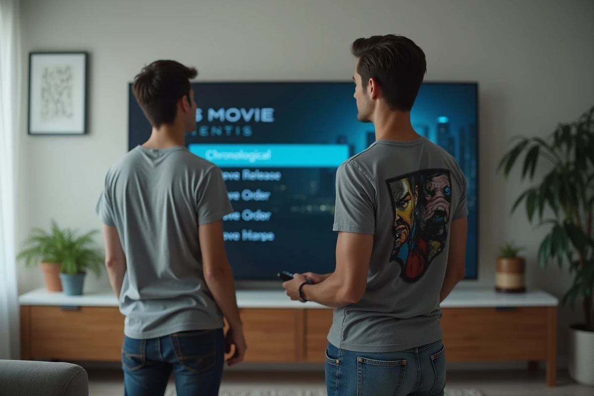Jeune homme regardant un menu de films Marvel à la télévision