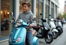 Jeune garçon inspectant un scooter 50cc neuf à l'extérieur