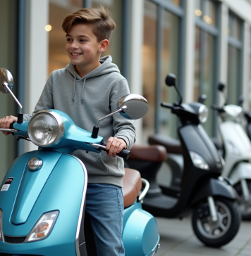 Jeune garçon inspectant un scooter 50cc neuf à l'extérieur