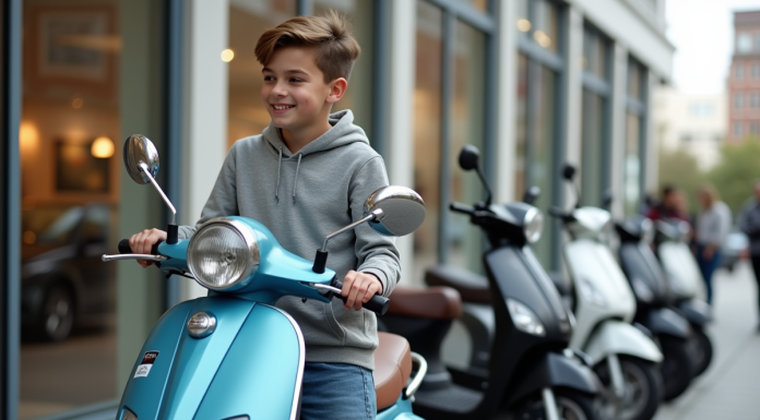 Jeune garçon inspectant un scooter 50cc neuf à l'extérieur
