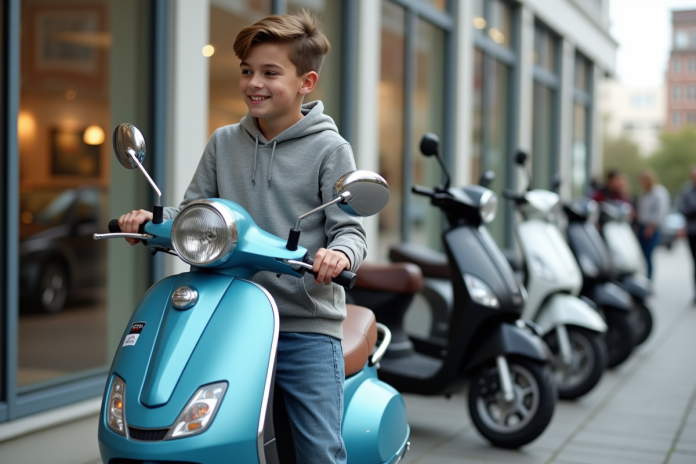 jeune-homme-scooter-neuf Jeune garçon inspectant un scooter 50cc neuf à l'extérieur