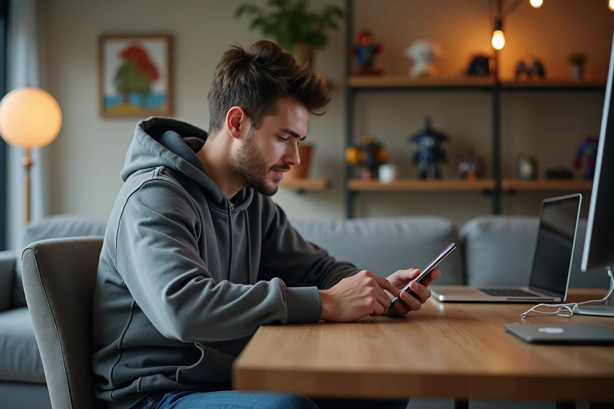 Jeune homme concentré sur son smartphone dans un salon moderne