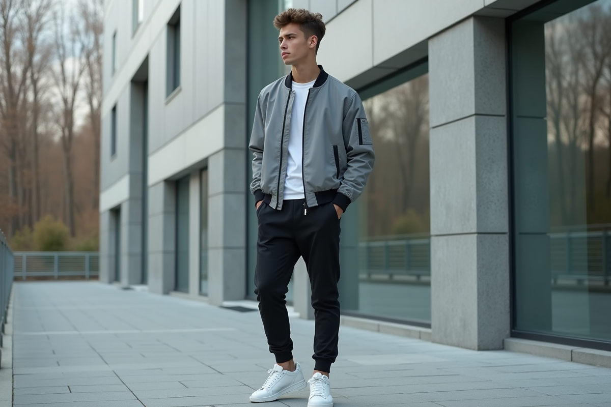 Jeune homme en streetwear moderne devant un bâtiment