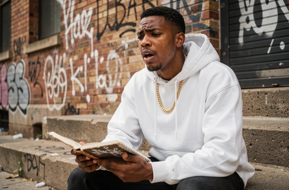 Jeune rappeur urbain étudiant des paroles dans un carnet assis sur des marches en béton avec graffitis en arrière-plan