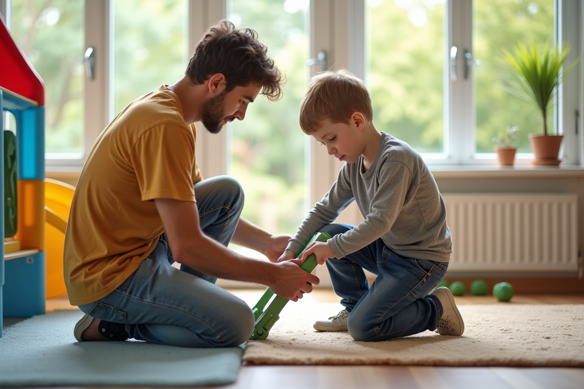 Un garçon et son père montent un toboggan dans la salle de jeux