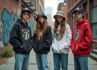 Histoire et origines de la tendance streetwear : de son commencement à nos jours Groupe d'adolescents en streetwear vintage dans la rue