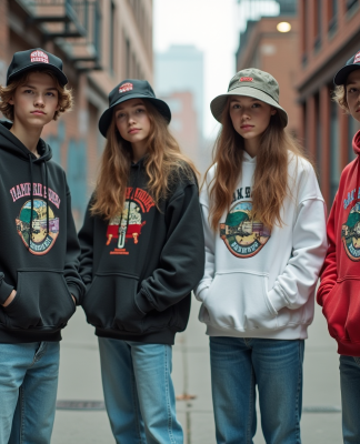 Groupe d'adolescents en streetwear vintage dans la rue