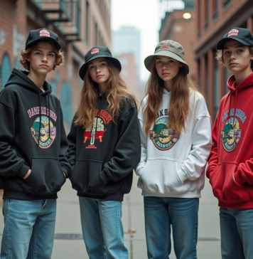 Groupe d'adolescents en streetwear vintage dans la rue