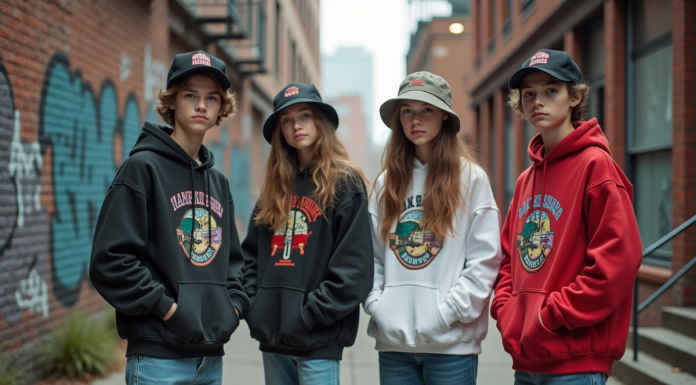 Groupe d'adolescents en streetwear vintage dans la rue