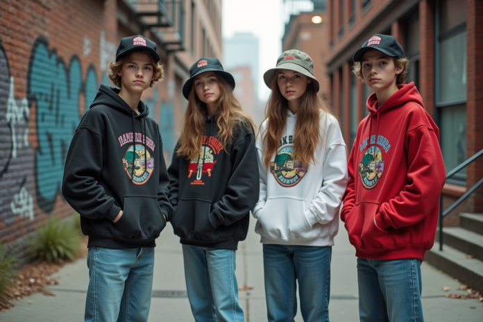 jeunes-vintage-streetwear Groupe d'adolescents en streetwear vintage dans la rue