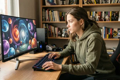 Joueuse concentrée devant un écran affichant un RPG coloré avec des sphères de peinture dans Clair Obscur