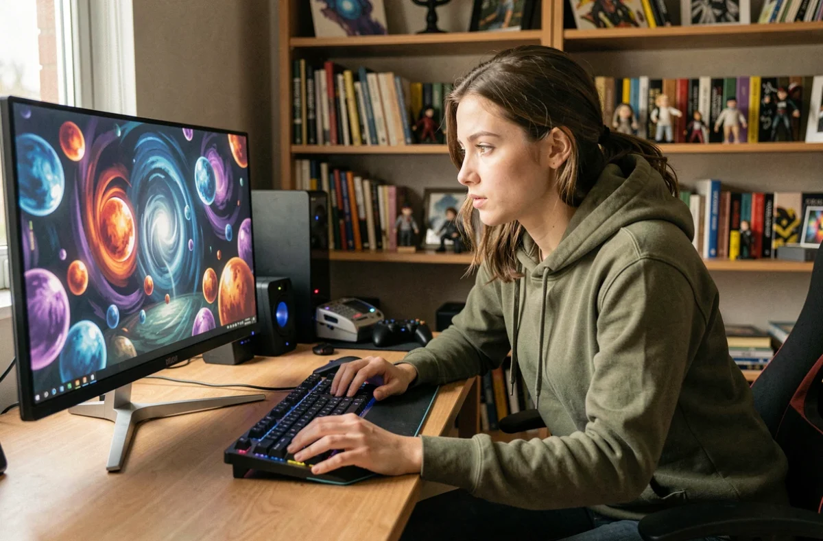Joueuse concentrée devant un écran affichant un RPG coloré avec des sphères de peinture dans Clair Obscur