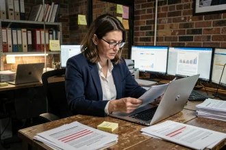 Journaliste d'investigation analysant des documents confidentiels dans une salle de rédaction, illustrant une enquête sur les contenus leakés