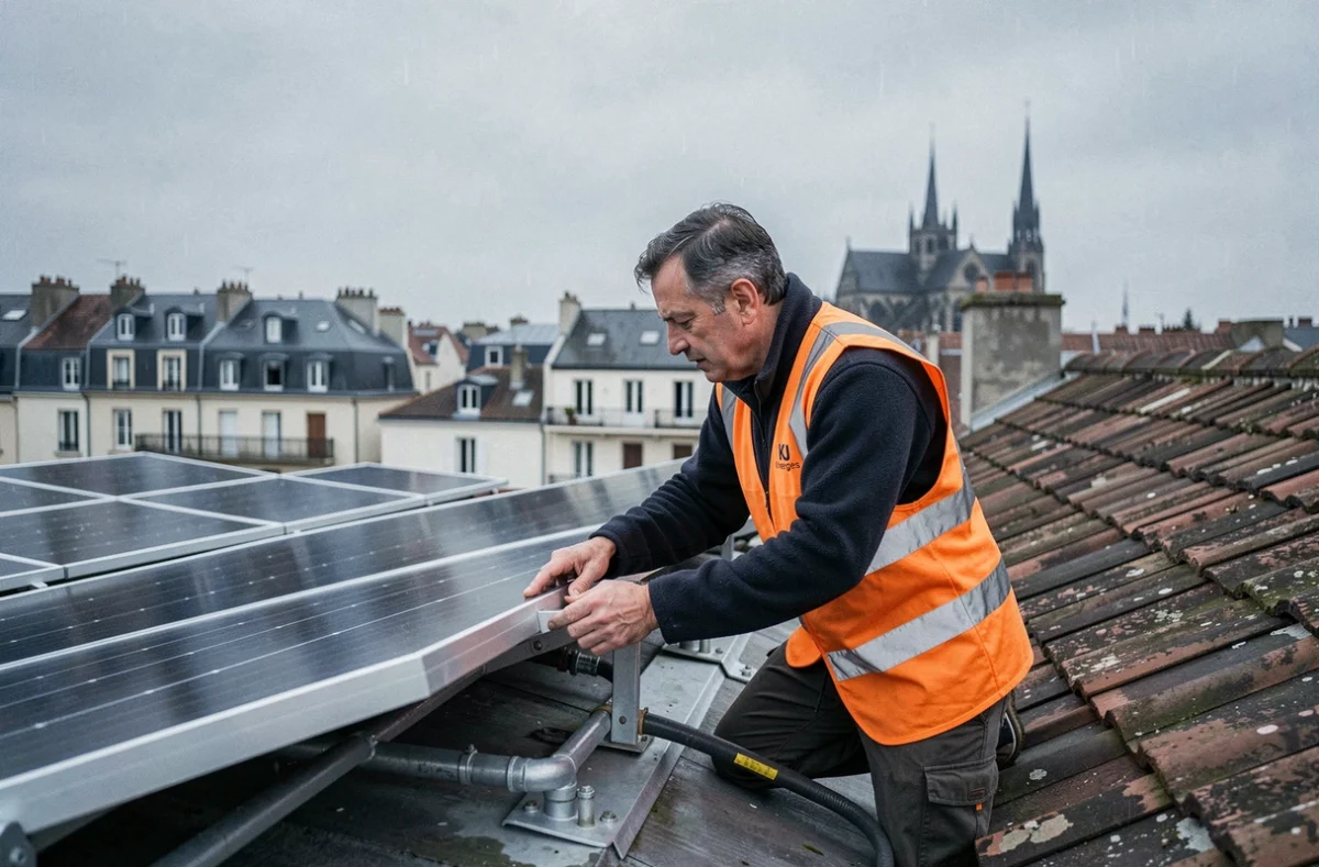 Installateur KJ Energies posant des panneaux solaires thermiques sur un toit résidentiel avec les toits de Reims en arrière-plan