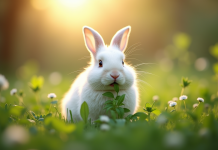 Lapin blanc mangeant des herbes dans un jardin ensoleille