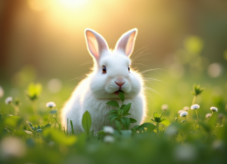 Lapin blanc mangeant des herbes dans un jardin ensoleille