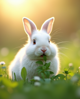 Lapin blanc mangeant des herbes dans un jardin ensoleille