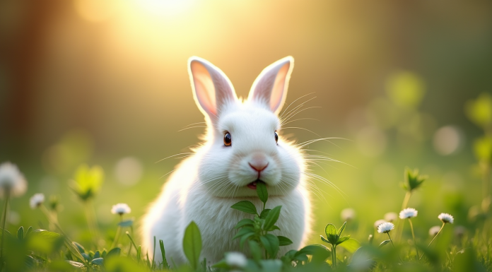 Lapin blanc mangeant des herbes dans un jardin ensoleille