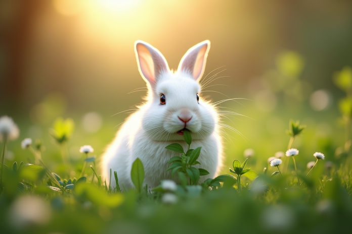 lapin-blanc-herbes-jardin Lapin blanc mangeant des herbes dans un jardin ensoleille