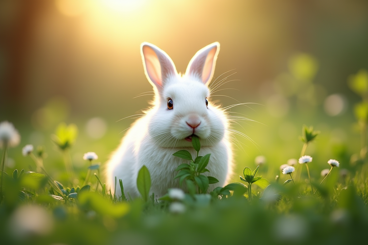 Lapin blanc mangeant des herbes dans un jardin ensoleille