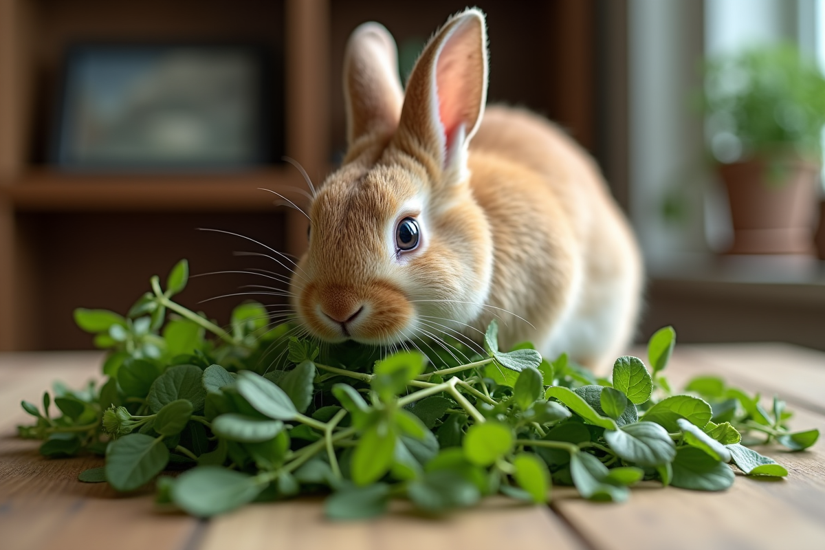 Lapin domestique grignotant des herbes sur une table en interieur