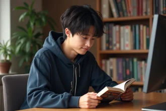 Jeune homme lisant un manga One Piece dans une chambre cosy avec des étagères remplies de volumes manga