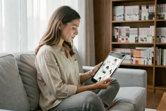 Jeune femme lisant des mangas sur une tablette via un site de scan en ligne dans un appartement moderne en 2026