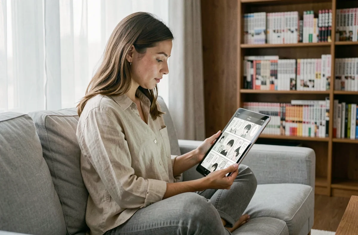 Jeune femme lisant des mangas sur une tablette via un site de scan en ligne dans un appartement moderne en 2026