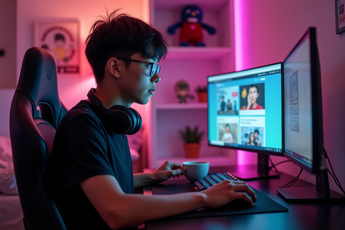 Adolescent lisant des scans de manga sur un grand écran de bureau avec une interface propre et sans publicités ni virus