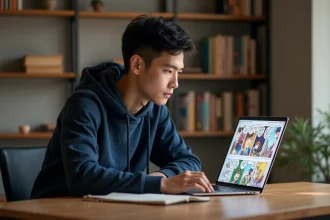 Jeune homme lisant des scans de manga sur un ordinateur portable dans un bureau confortable sans publicités intrusives