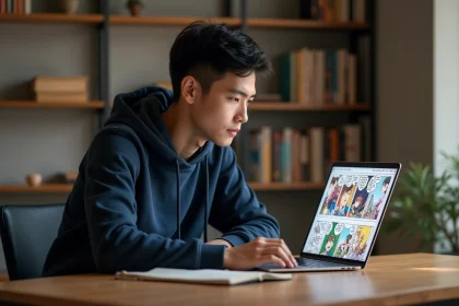 Jeune homme lisant des scans de manga sur un ordinateur portable dans un bureau confortable sans publicités intrusives
