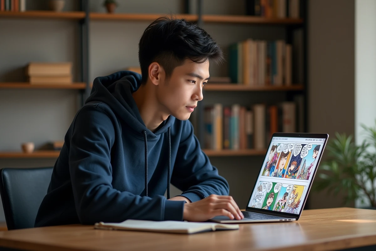 Jeune homme lisant des scans de manga sur un ordinateur portable dans un bureau confortable sans publicités intrusives