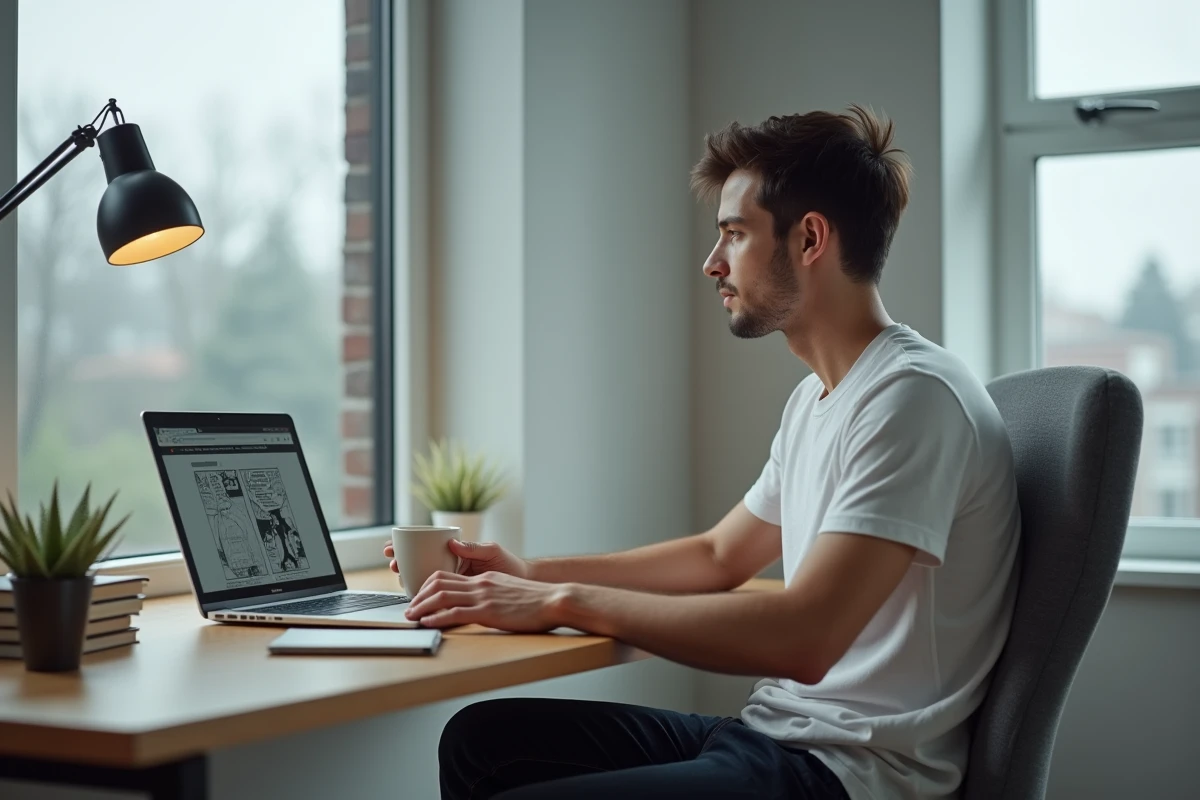 Homme lisant des scans manga sur un ordinateur portable dans un bureau minimaliste à domicile