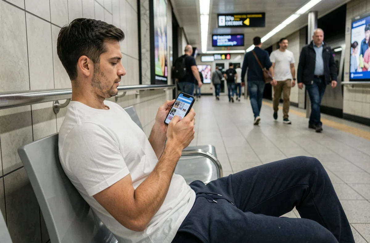 Homme lisant un site de scan manga sur smartphone dans le métro, illustrant l'utilisation mobile en déplacement en 2026