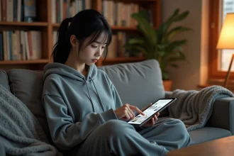 Jeune femme lisant des scans manga sur une tablette dans un salon confortable entouré de livres