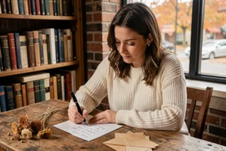 Femme écrivant une lettre d'amour à la main avec une plume sur un bureau en bois rustique, ambiance chaleureuse et intime