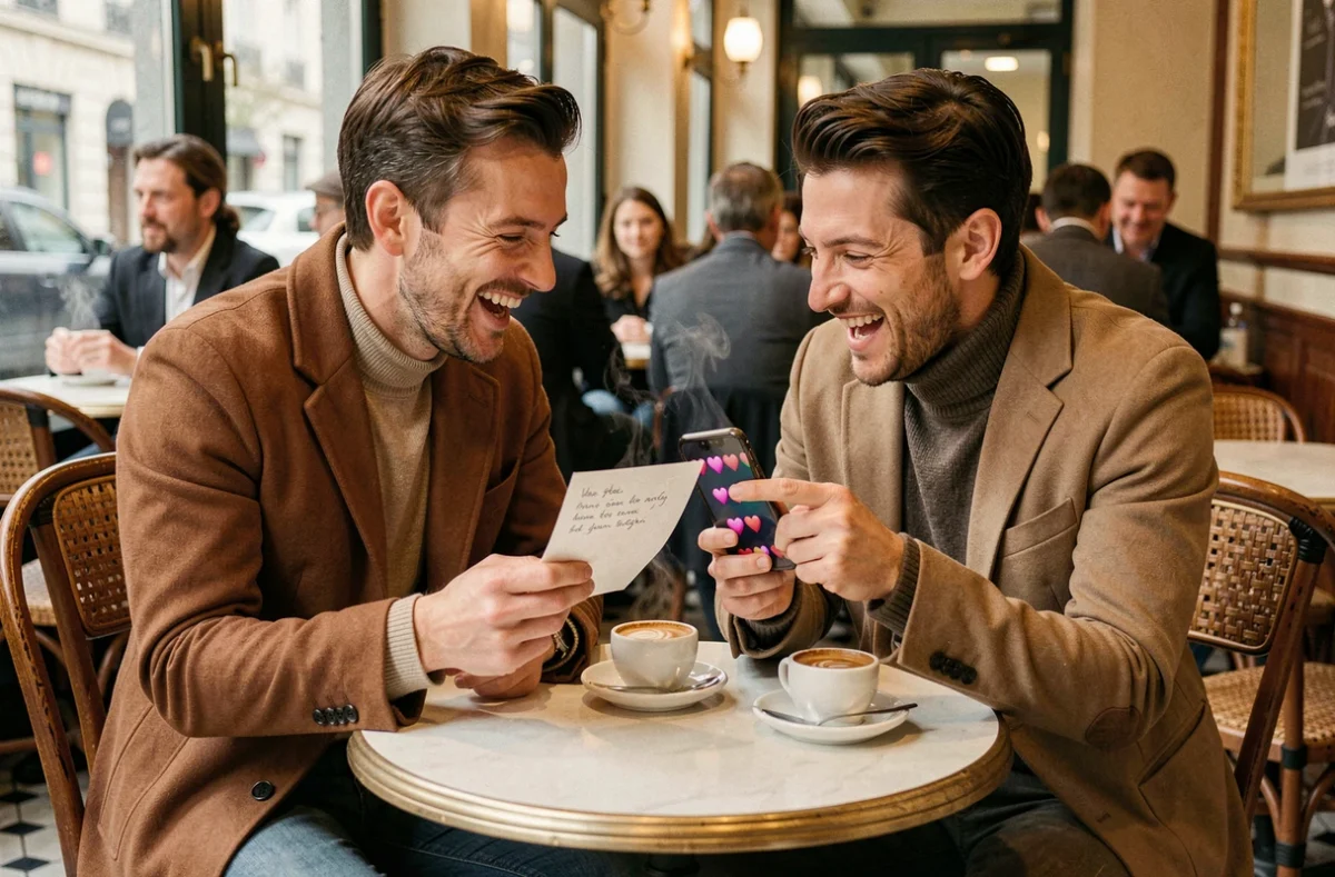 Couple comparant une lettre d'amour manuscrite et un message emoji dans un café parisien, expression joyeuse et complice